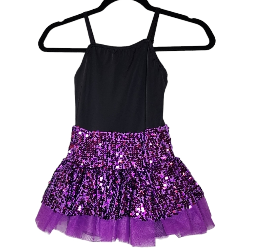 Weissman kids dance costume. Black purple sequin. Size MC (10/12)
